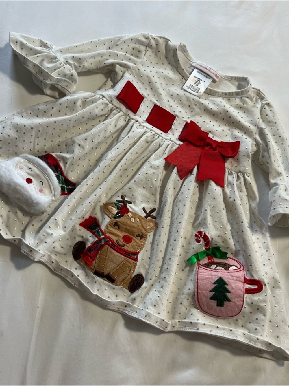 Bonnie‎ Jean Ivory Dress with Gold Dot Detail Christmas Santa reindeer red bow